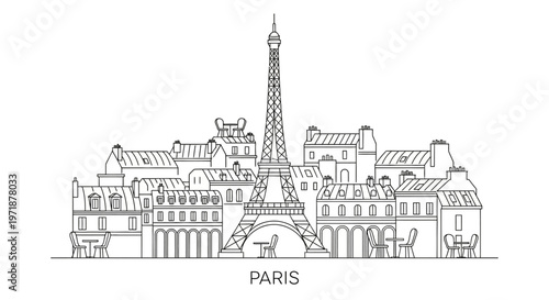 A minimal line drawing depicts the Eiffel Tower rising above various buildings in the city of Paris, rendered in black and white with a clean, simple style that emphasizes the landmark's