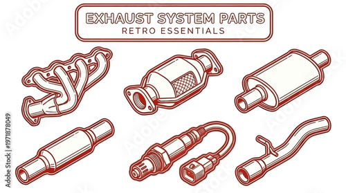 Exhaust system parts are illustrated in a collection of seven different components.