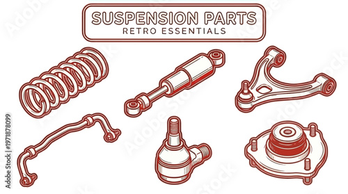 Various suspension parts are displayed on a clean surface for inspection purposes.
