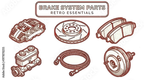 Brake system parts illustration including rotor, caliper, and hose on a white background