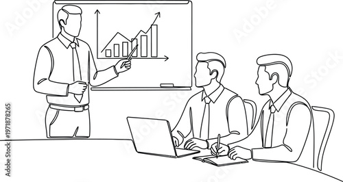 A black and white sketch depicts a business meeting with three professionals and a presentation screen