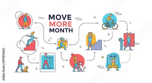 Illustration for Move More Month promoting physical activity awareness with diverse people engaging in various exercises and healthy habits in a colorful, stylized design.