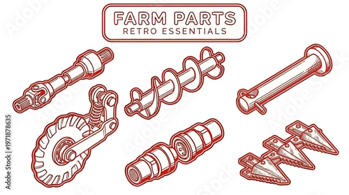 A collection of farm equipment parts on a flat surface