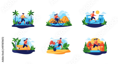 Illustrations of people engaging in various outdoor exercises and sports activities during Move More Month to promote physical activity awareness and active lifestyle concepts.