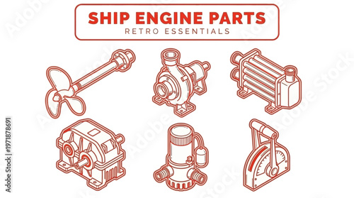 Retro ship engine parts illustration including propeller, engine, pump, radiator, gear and turbine