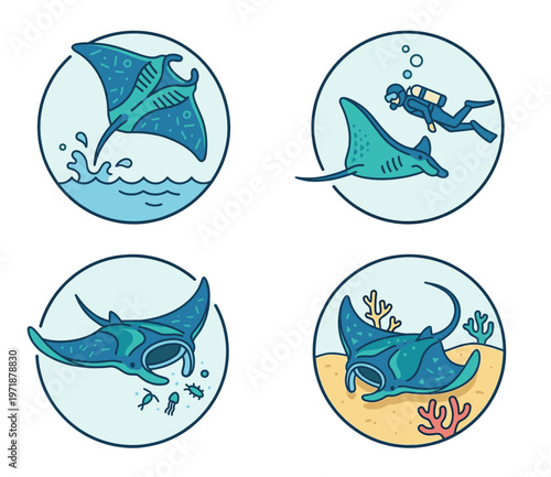 Manta Ray Vector Icon Set Featuring Scuba Diver Plankton Feeding Jumping and Coral Reefs