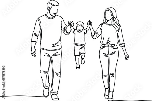 Sketch of a family walking together father mother son and daughter in a casual stroll