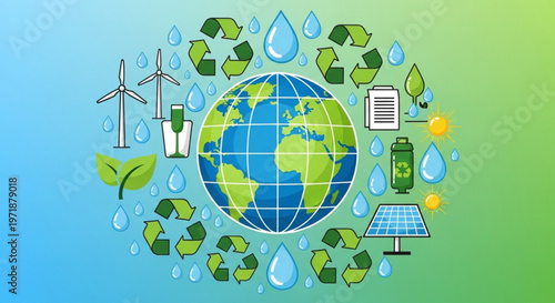 Earth surrounded by eco friendly symbols recycling icons solar panel wind turbines on blue green gradient background for sustainability and environmental conservation concepts