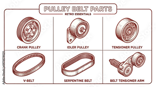 Pulley belt parts are shown in a diagram with crank pulley, idler pulley, and tensioner pulley.