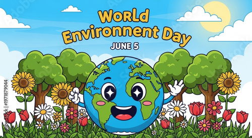Smiling earth with green land and blue ocean surrounded by colorful flowers trees on world environment day june 5th