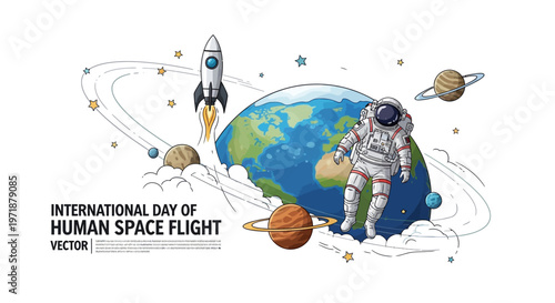 Illustration for the International Day of Human Space Flight featuring an astronaut hovering among planets and clouds near Earth, with a rocket launching into orbit against a clean white