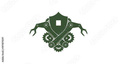 Green Mechanical Shield Logo with Gear and Robotic Arms.