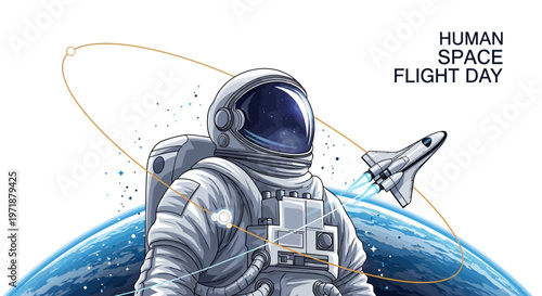 Detailed, high-angle illustration of a suited astronaut floating above Earth with a space shuttle in the background, rendered with textured linework, a clean white backdrop