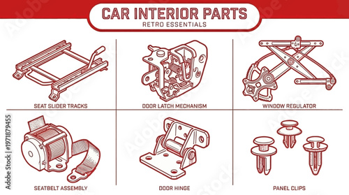Car interior parts diagram shows various essential components like seat slider tracks