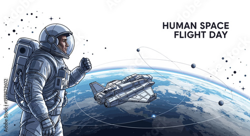 Illustration of an astronaut in a spacesuit waving, next to a space shuttle orbiting Earth with visible continents and clouds, against a clean white background in a flat, cartoon style