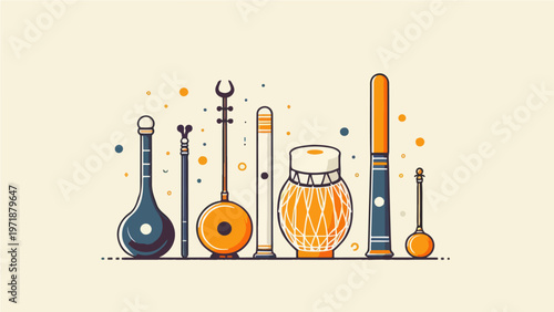Melodic Ensemble: An array of traditional musical instrument come together, embodying the rhythm of cultural heritage, as they are a visual symphony of sound and artistic expression.