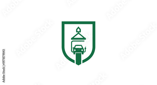 Green Shield Logo Depicting a Car Wash Symbol on White Background.