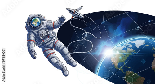 Illustration of an astronaut floating in space above Earth with visible satellites and a shuttle, presented with a bright lens flare and a network of connected lines against a clean white