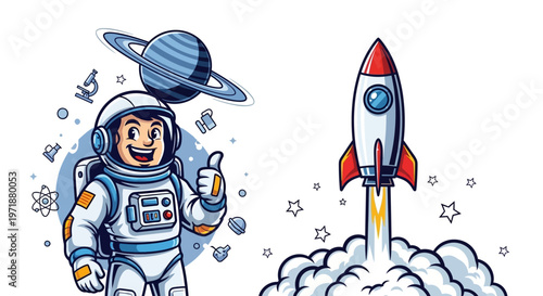 Cartoon depiction of a smiling astronaut giving a thumbs up next to a rocket launching with smoke and a Saturn-like planet above, set against a clean white background, conveying a playful