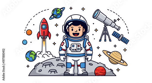 Cartoon-style illustration featuring a smiling astronaut in a spacesuit standing on a lunar surface, surrounded by a rocket, planets, a telescope, and a satellite against a clean white