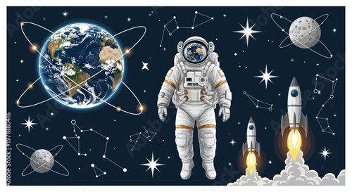 Detailed cartoon illustration of an astronaut standing in spacesuit next to the Earth with orbiting communication satellites, rockets launching, constellations, and stars against a dark