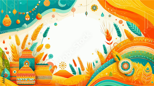 Vibrant Festive Background: A joyful composition with a circular center framed by colorful festive elements, invoking a sense of celebration and cultural richness.