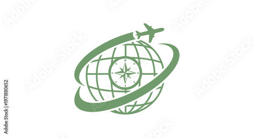 Green Globe with Airplane and Compass Symbolizing Global Travel and Exploration.