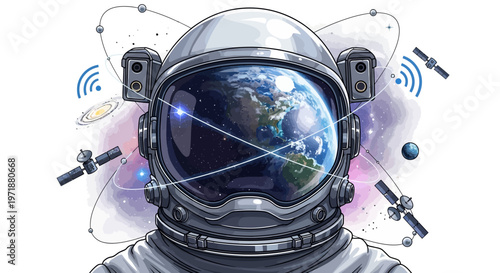 Illustration of an astronaut's helmet reflecting Earth, surrounded by satellites and connected by digital networks, presented in a clean, graphic style with a focus on technology and global
