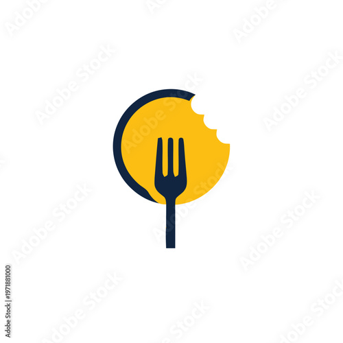 Fork Silhouette Against Yellow Circle with Bite Mark Logo.