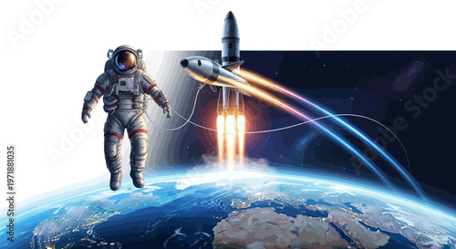 Dramatic wide shot of an astronaut floating above the Earth with a rocket launching into space against a stark white background, conveying a sense of exploration and adventure in vibrant