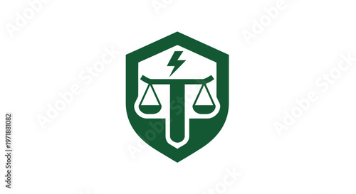 Green Shield Symbol with Scales of Justice and Lightning Bolt.