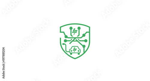 Green Shield with Circuitry and Car Symbol on White Background.