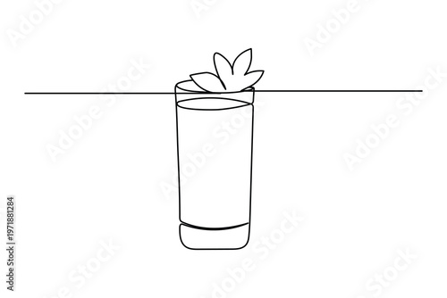 Cocktail glass with mint leaves in continuous one line art style for summer drink menu