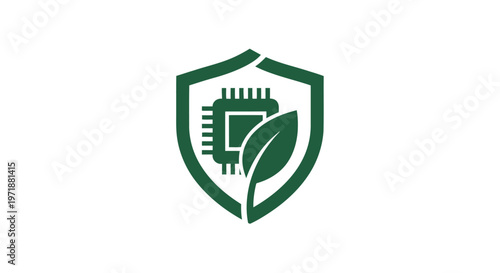 Green Shield with Integrated Circuit and Leaf Symbolizing Eco-Technology.