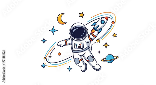 Illustrated astronaut in a white spacesuit floats in space holding a rocket, surrounded by stars, a crescent moon, and a planet, with a cartoon style against a plain white background