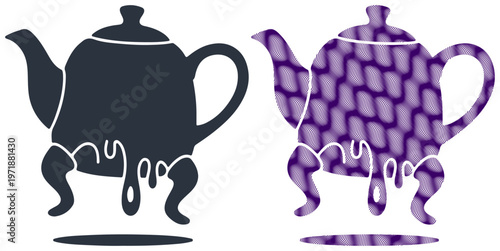 Whimsical teapot silhouette with melting liquid detail and patterned alternative.