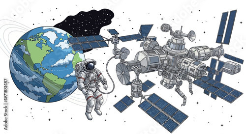 An astronaut floats in space connected by a tether to a space station orbiting Earth, rendered in a detailed, illustrative style with a background of stars and rings, creating a sense