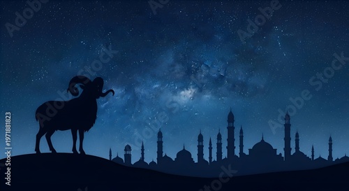 Silhouette of a ram against the blue starry sky and buildings of a Muslim city, celebrating the religious feast of sacrifice Eid al-Adha.