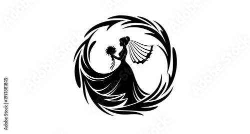 Decorative bride silhouette with bouquet vector in circular flowing composition for wedding and bridal design