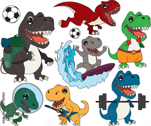 Collocation of Dinosaur Sport Fun Activity and Explore Flat Design in Various Color Dino Mascot for Nursery, Print, Poster Cartoon Vector