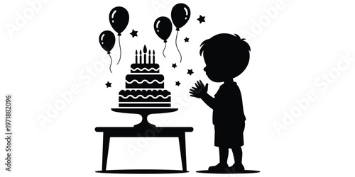 Child birthday silhouette with multi‑tier cake, candles, balloons, festive decorations, joyful celebration artwork, party design concept, flat vector illustration