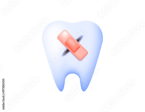 Dental treatment and care concept. Illustration of a tooth symbol with medical plaster to treat a cracked or damaged tooth. Cavity healing. Clinic and specialist doctor. Health, icon, 3D vector style.