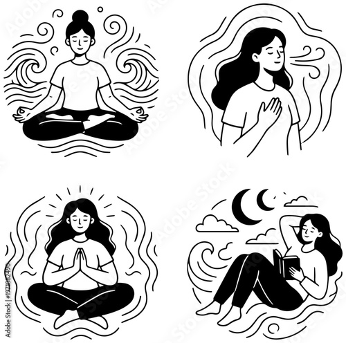 Serene women practicing mindfulness and meditation in various peaceful settings