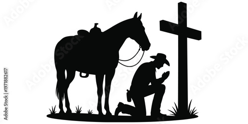Cowboy praying beside cross silhouette illustration, faith spirituality horse artwork, western religious design concept scene, humble devotion symbol, flat vector illustration