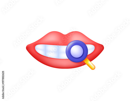 Lip and teeth health examination concept. Illustration of a magnifying glass with symbols of beautiful, rosy lips and clean, white teeth. Clinic and specialist doctor. Dentist and mouth. 3d