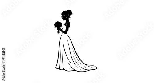 Elegant bride silhouette with bouquet vector illustration in minimal style for wedding and bridal design