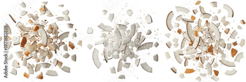 Fotografie Dry Coconut Flakes and Fresh White Coconut Chunks flying dynamically, Levitating