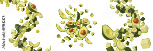 Fresh Green Avocado Cubes and Slices flying in dynamic motion, Levitating Persea Americana fruit pieces in air - Avocat Volant - Aguacate Volador - Fliegende Avocado - Superfood Ingredient