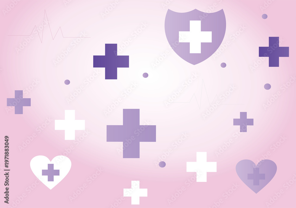 Obraz premium Minimal Healthcare Background with Medical Cross and Heart Symbols for World Health Day Awareness, Soft Pink and purple Medical Poster Design