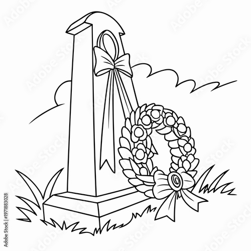 A tombstone with a wreath on a grassy area
